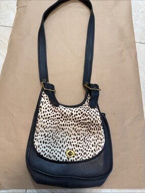 Black Leather Shoulder Bag with Brown-Spotted Front Panel
